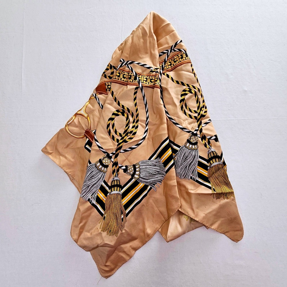 Vintage Equestrian Tassel Rope Print Square Scarf Tan Gold Black 34x34